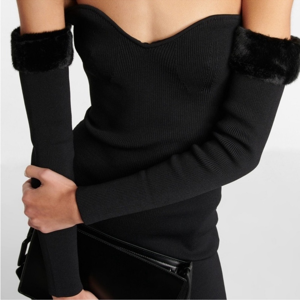 STAUD Josee Faux Fur Trimmed Mini Dress in Black Size Large NWT - Picture 4 of 6